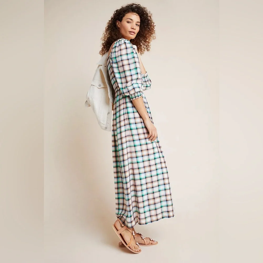 Anthropologie Maeve Cerie Smocked Midi Dress Large Petite Summer Fall Plaid NWOT - Picture 2 of 9